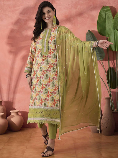 Indyancart SN Women's Green Floral Printed Round Neck Pure Cotton Kurta With Trousers & Dupatta
