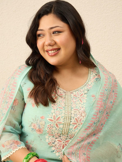 Indyancart Women's Floral Printed Regular Thread Work Kurta with Trousers & With Dupatta