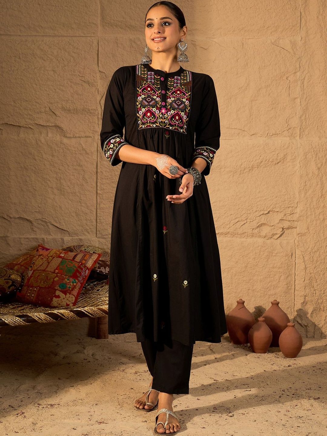 Women Ethnic Motifs Embroidered Regular Thread Work Pure Cotton Kurta with Trousers & With Dupatta