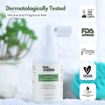 Little Extra Reactivate Hair Growth Serum bottle and applicator for thinning hair and hair regrowth treatment.