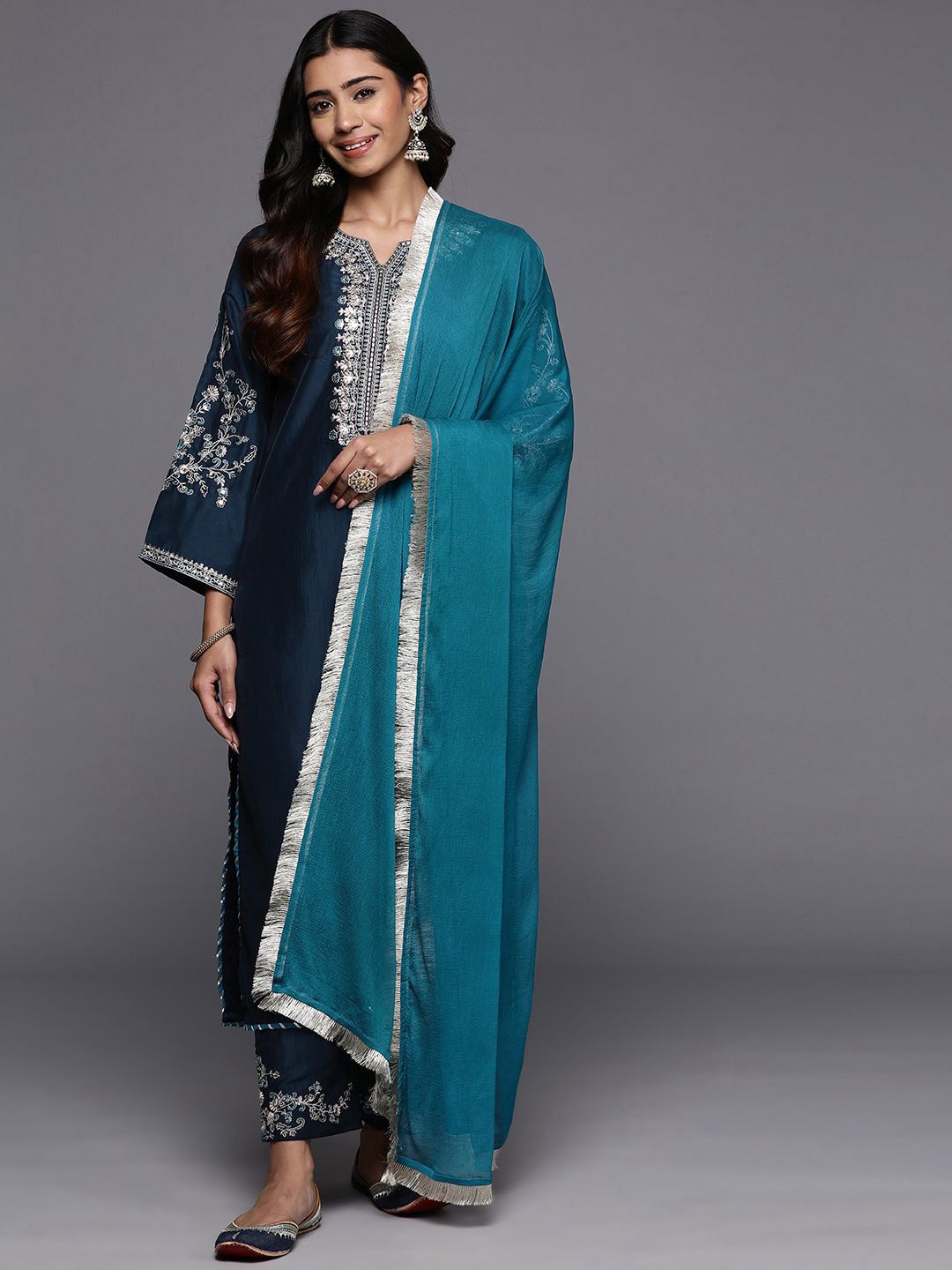 Indyancart VA Women'sFloral Yoke Design Notch Neck Zari Straight Kurta With Trousers & Dupatta