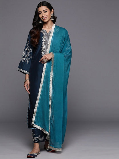 Indyancart VA Women'sFloral Yoke Design Notch Neck Zari Straight Kurta With Trousers & Dupatta