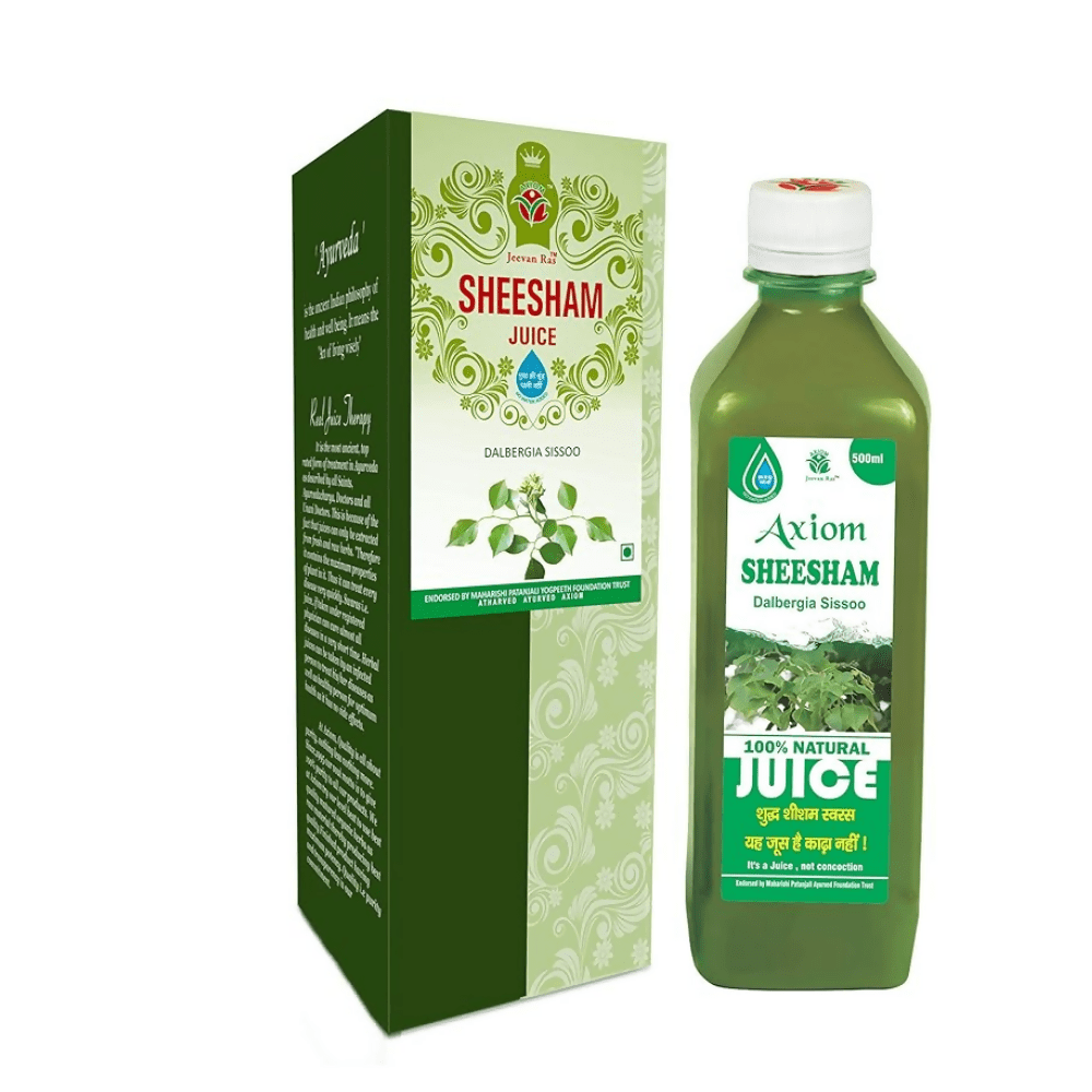 Axiom Sheesham Juice in a clear glass bottle, Ayurvedic drink with natural Sheesham ingredients, on a wooden surface.