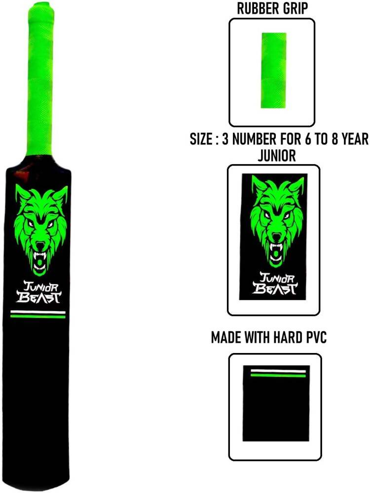 Plastic cricket bat for juniors, size 3, in vibrant colors, designed for kids' games and cricket practice.