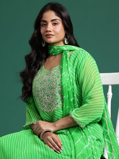 Indyancart Women's Leheriya Printed Regular Thread Work Kurta with Trousers & With Dupatta