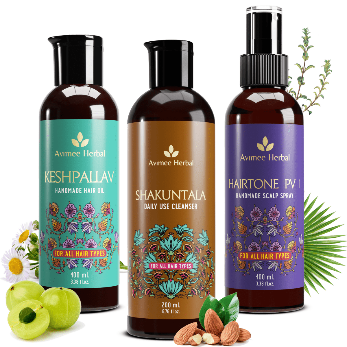 Avimee Herbal Anti Hairfall Kit includes a scalp spray with rosemary, amla, methi, and bhringraj for reducing hair fall and strengthening roots.