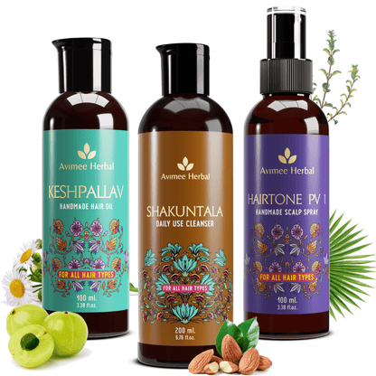 Avimee Herbal Anti Hairfall Kit includes a scalp spray with rosemary, amla, methi, and bhringraj for reducing hair fall and strengthening roots.