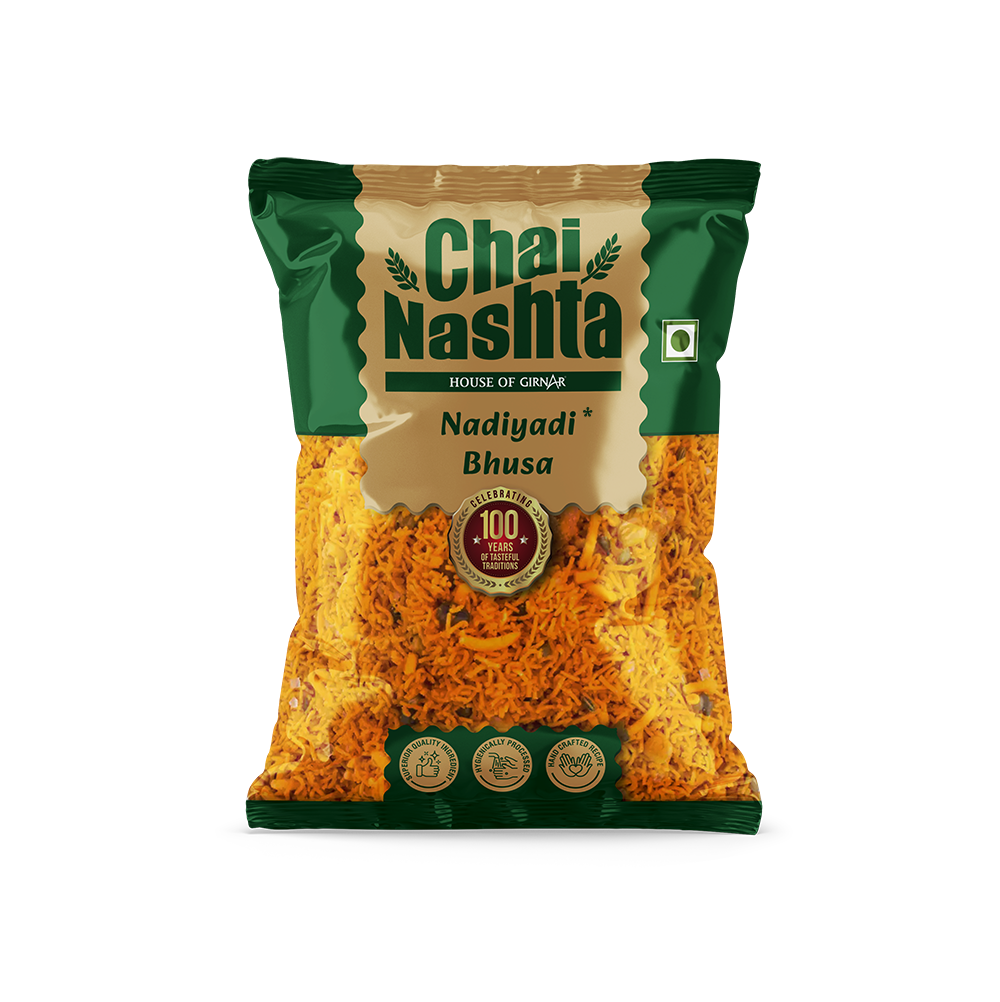 Girnar Chai Nashta Nadiyadi Bhusa, North Indian snack with crispy, flaky wheat and spice mixture, served as a traditional snack.