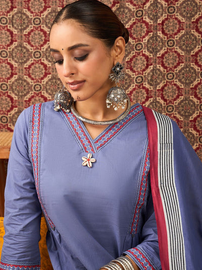 Indyancart IE Ethnic Motifs Embroidered Sequinned Pure Cotton Kurta With Trousers & Dupatta