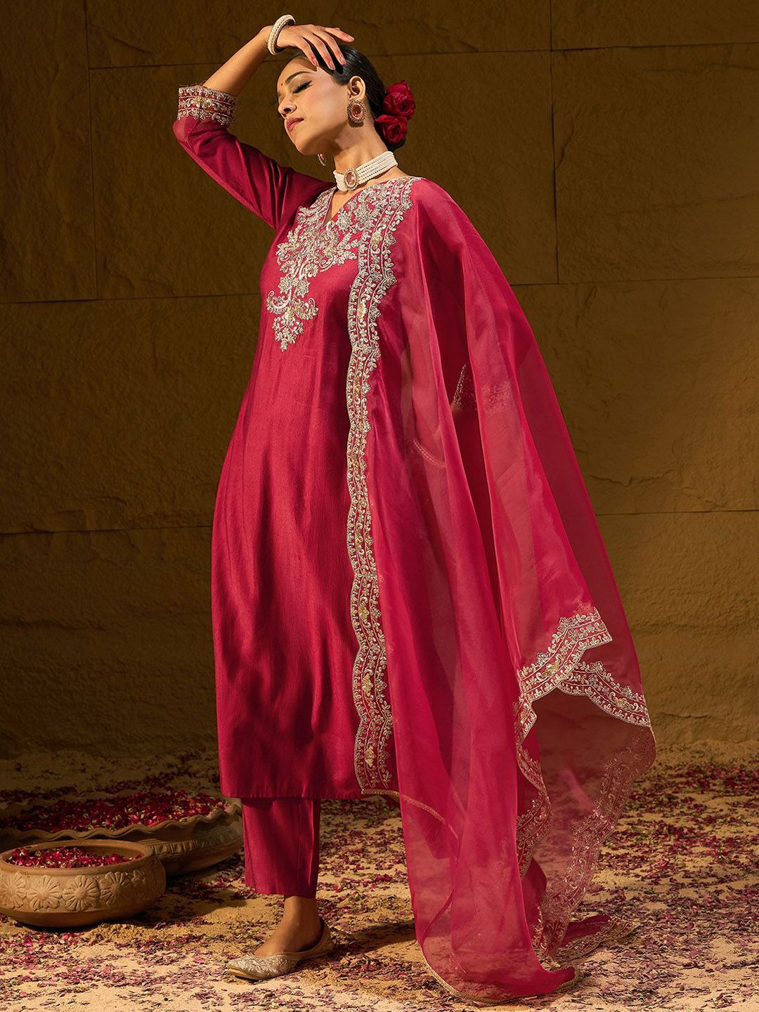 Indyancart IE Ethnic Motifs Embroidered Thread Work Liva Straight Kurta With Trousers & Dupatta