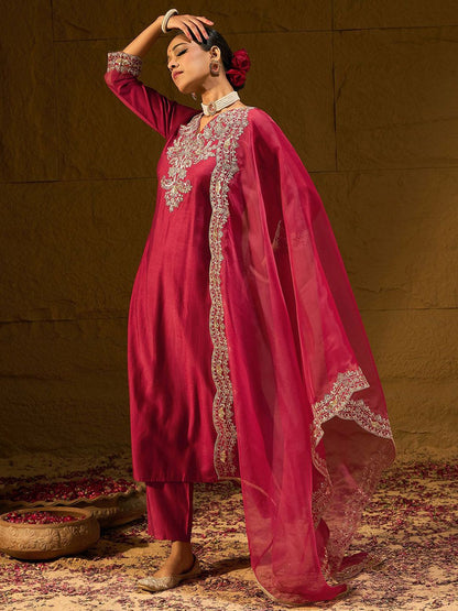 Indyancart IE Ethnic Motifs Embroidered Thread Work Liva Straight Kurta With Trousers & Dupatta