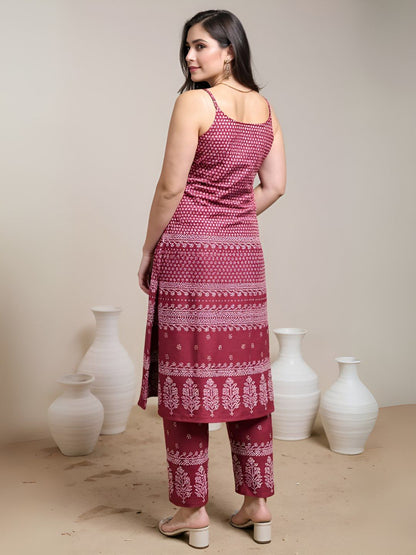 Indyancart IE FloralPrinted Straight Tunic & Trouser Pure Cotton Co-Ords Set
