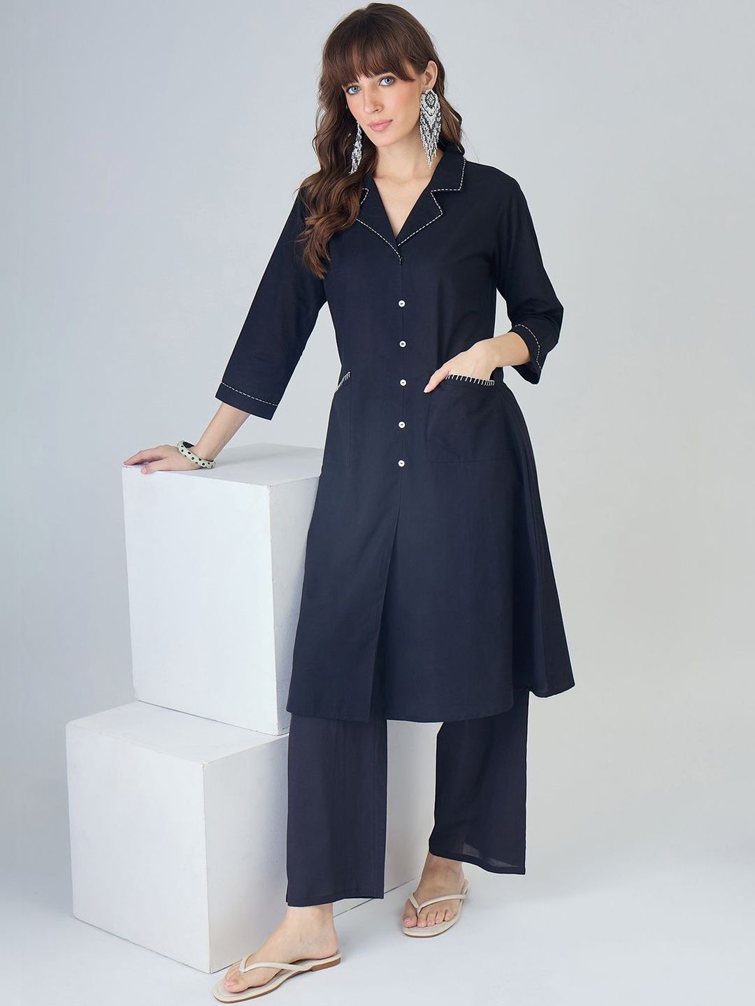 Women Regular Thread Work Pure Cotton Kurta with Trousers