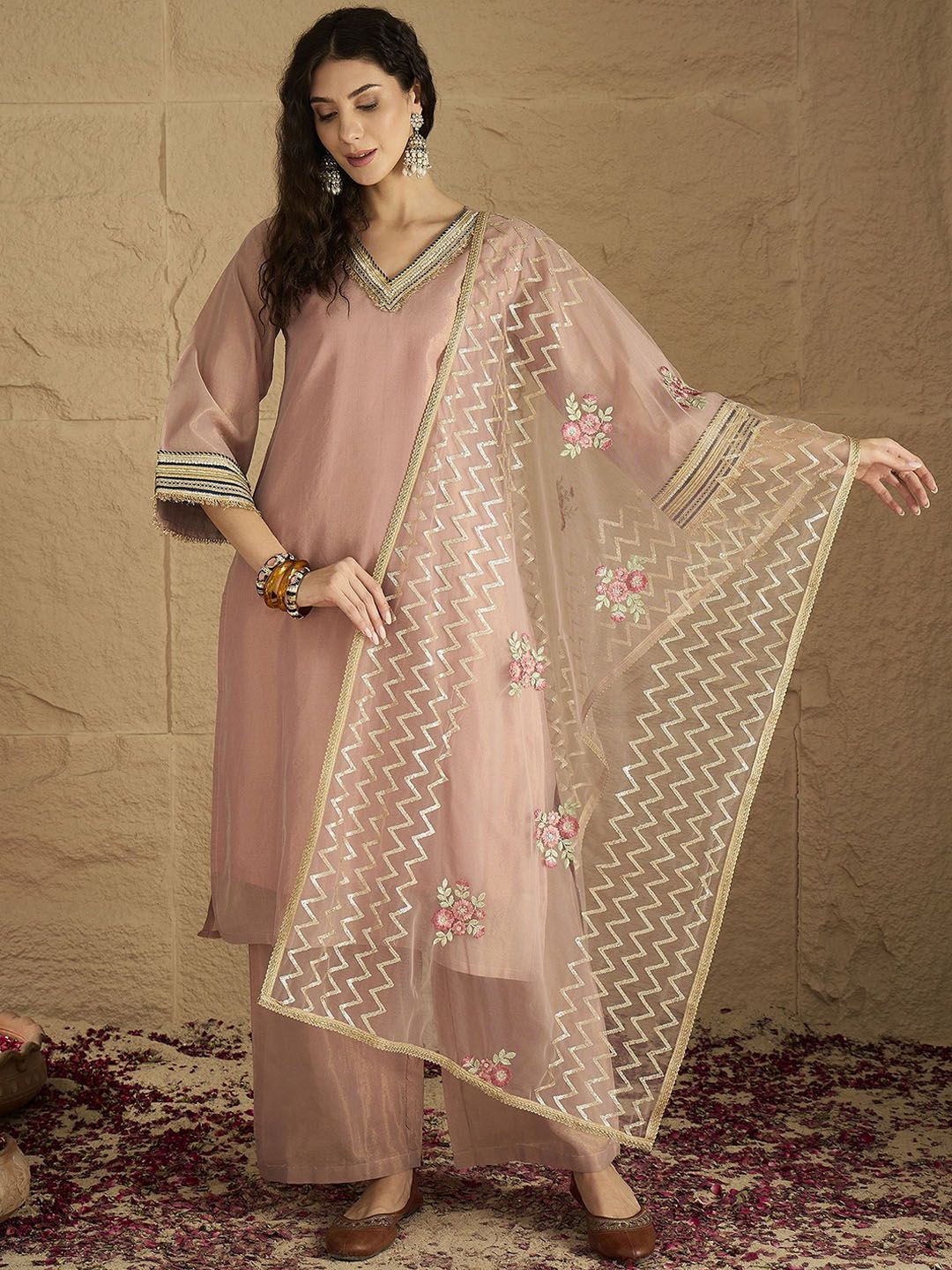 Indyancart VA Women Solid Kurta with Palazzo & Dupatta
