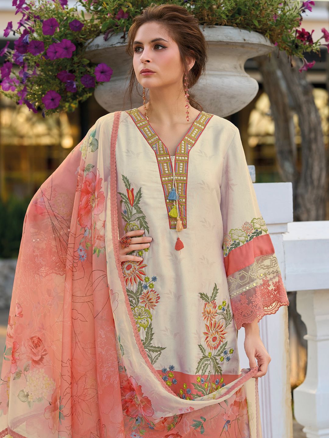 Indyancart IE Women's Floral Embroidered Mirror Work Kurta with Trousers & Dupatta