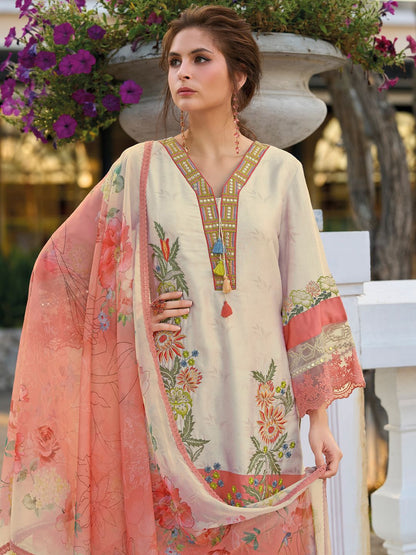 Indyancart IE Women's Floral Embroidered Mirror Work Kurta with Trousers & Dupatta