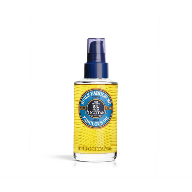 L'Occitane Shea Butter Fabulous Oil for face, featuring a clear glass bottle with a dropper, showcasing nourishing skincare.