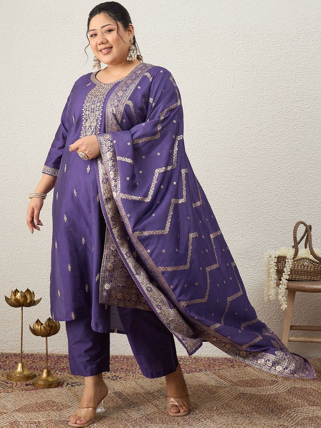Indyancart Women's Ethnic Motifs Embroidered Regular Kurta with Trousers & With Dupatta
