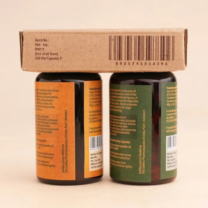 Isha Life Neem and Turmeric Ayurvedic capsules in clear vegetarian capsule shells, highlighting natural herbal ingredients.