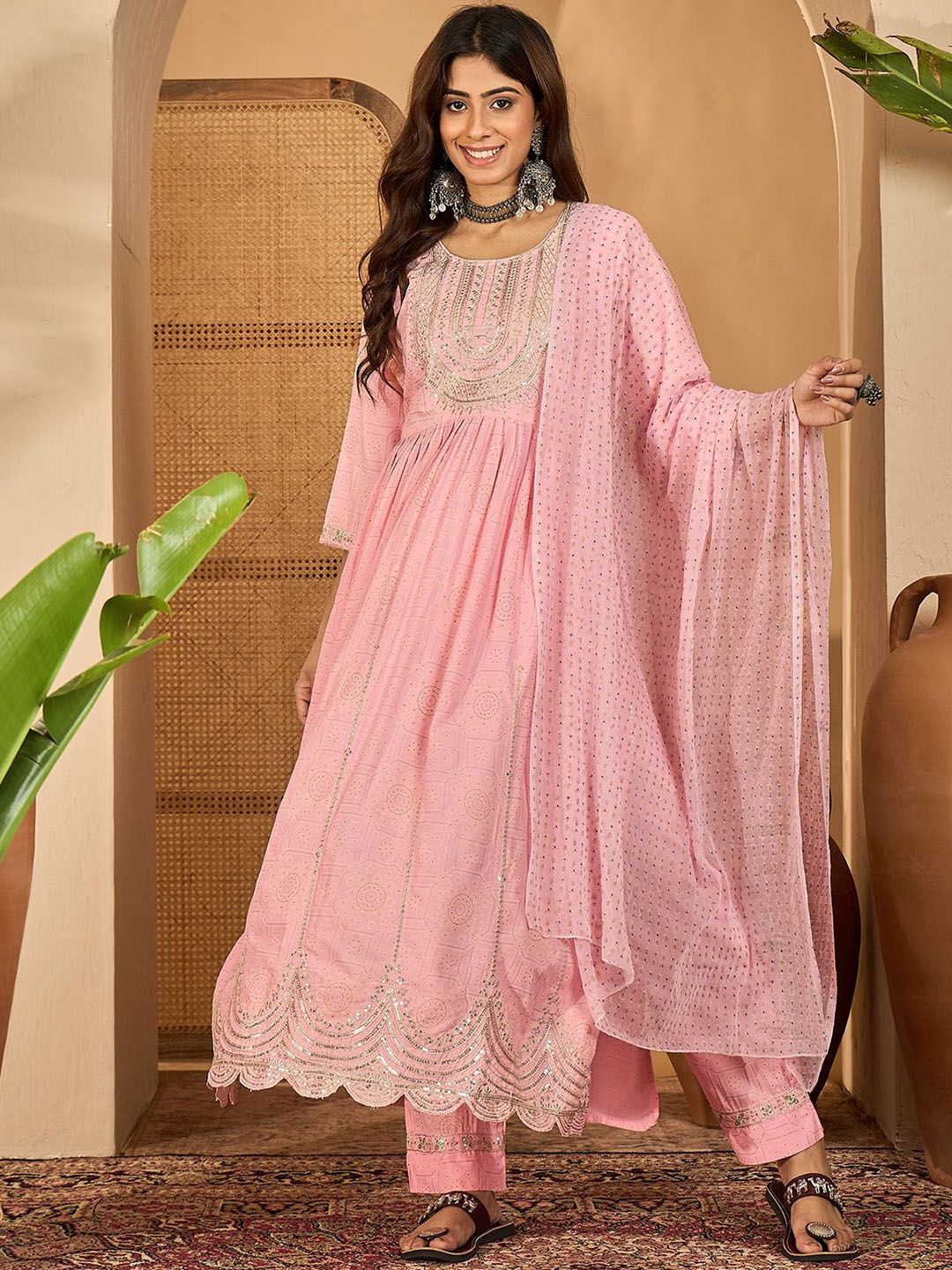 Indyancart SN Women's Floral Embroidered Sequinned A-line Kurta With Trousers & Dupatta