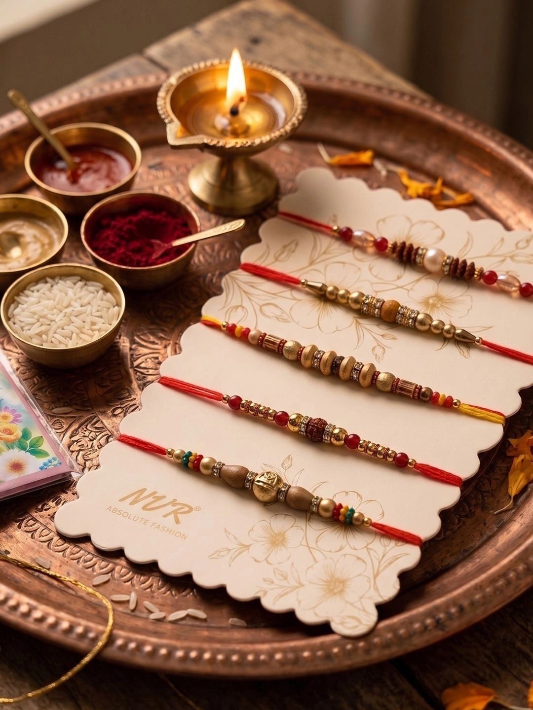 Anouk Set Of 5 Multicolor Designer Thread Rakhi With Roli Chawal Chandan Mishri