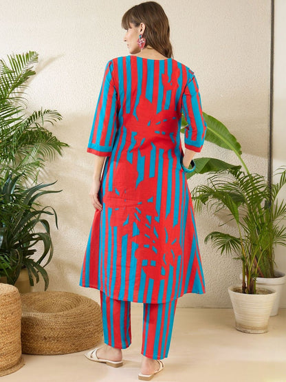 Indyancart IE Printed V-Neck Three-Quarter Sleeves Pure Cotton Tunic And Trousers