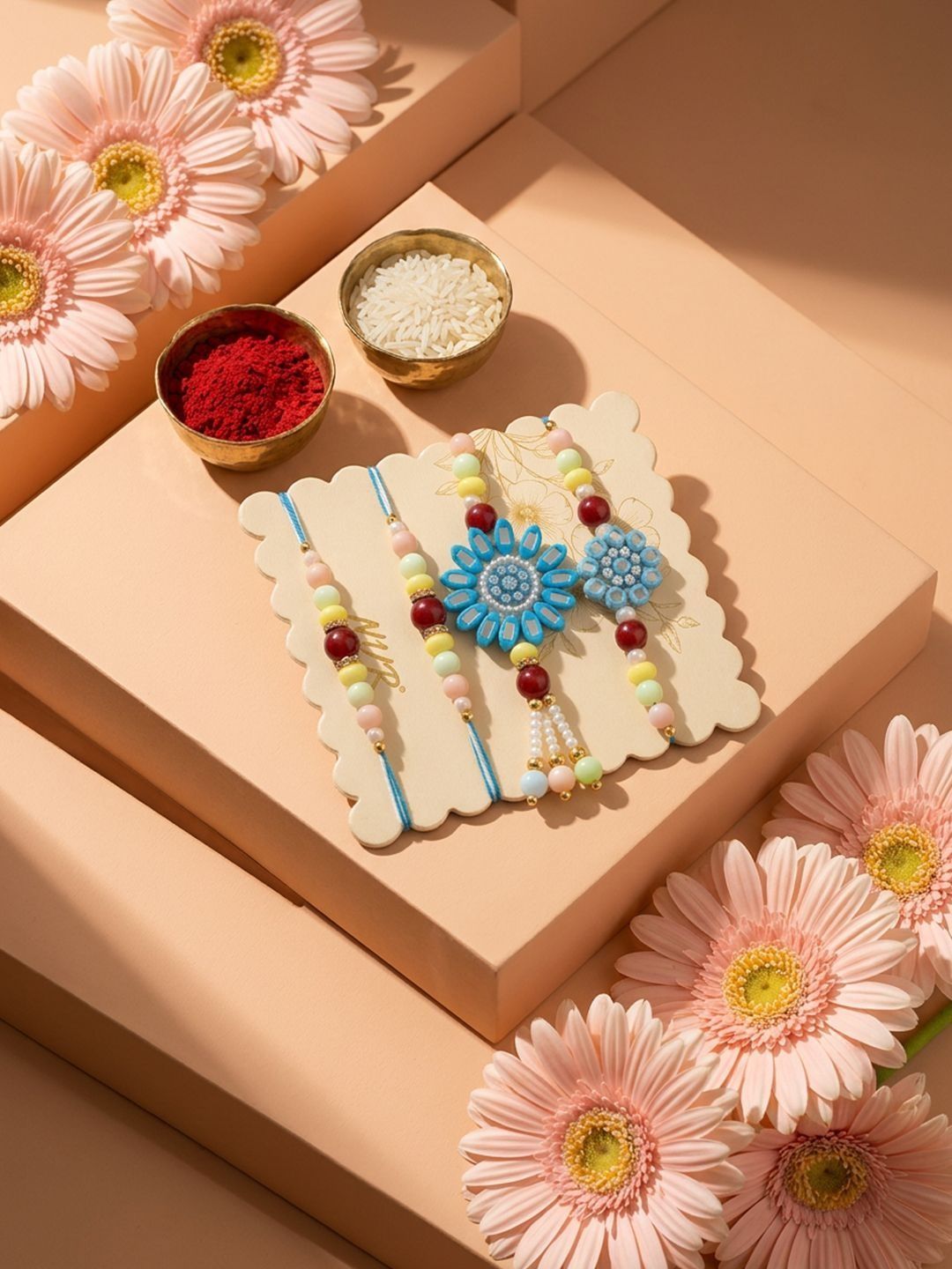 Anouk Set Of 4 Family Pack Beaded Thread Rakhi With Roli Chawal Chandan Mishri