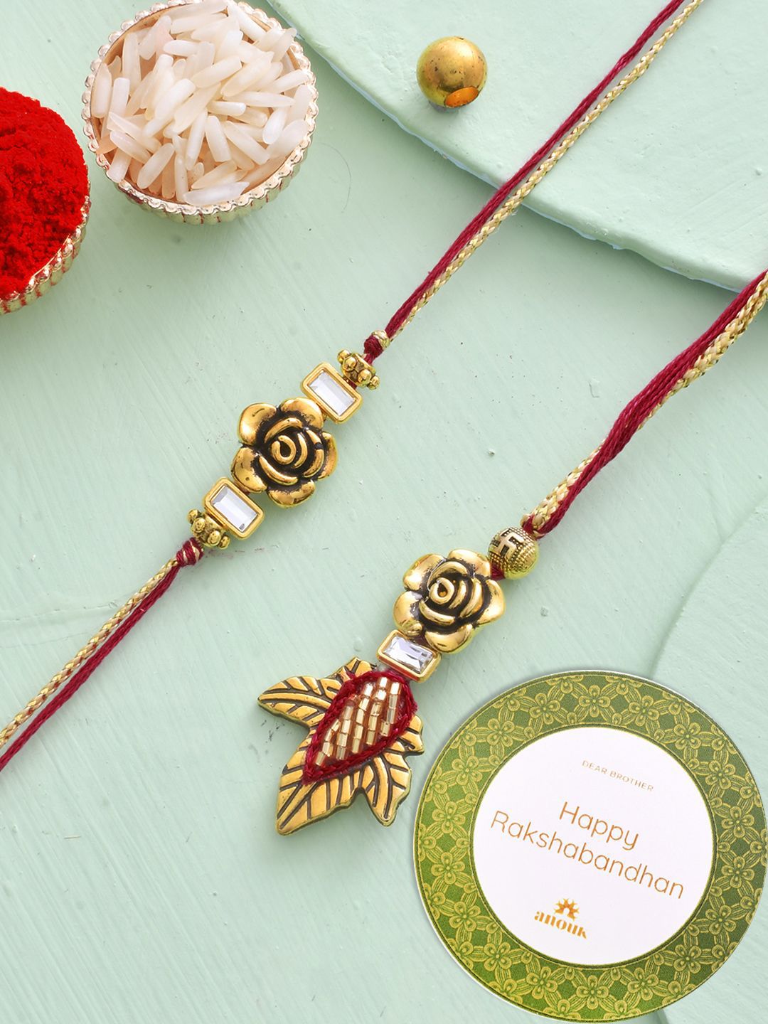 Anouk Gold-Toned Beaded Bhaiya Bhabhi Thread Rakhi