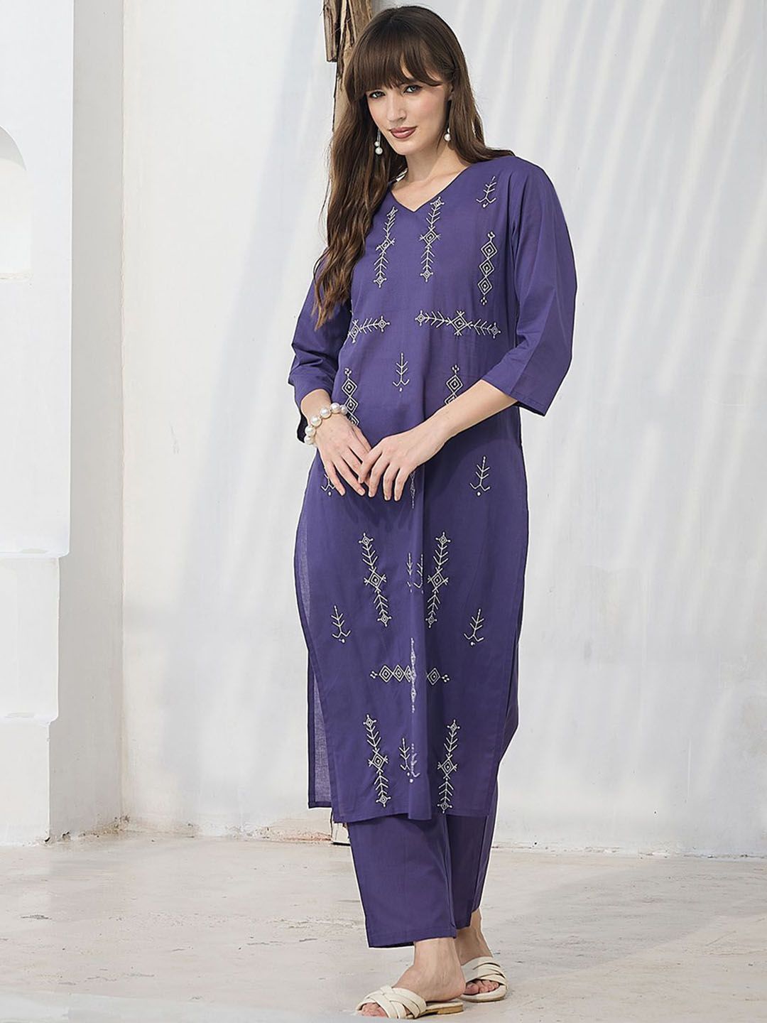 Geometric Printed Pure Cotton Kurta With Trousers