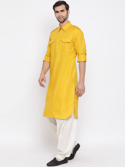 Men's Mustard Cotton Blend Pathani Pathani Kurta Set