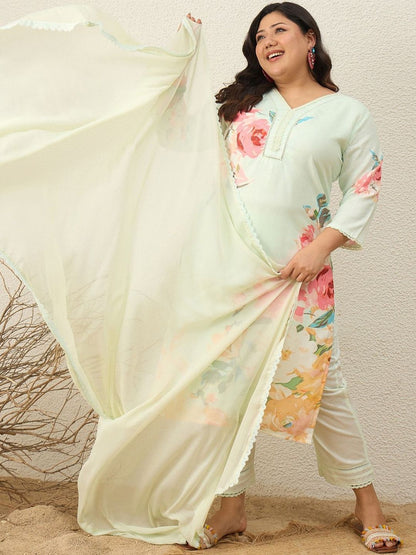 Indyancart Women's Floral Printed Regular Kurta with Trousers & With Dupatta