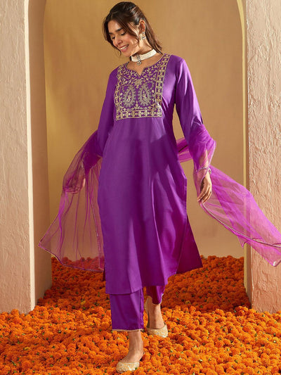 Indyancart IE Floral Embroidered Liva Straight Kurta With Trousers & Dupatta