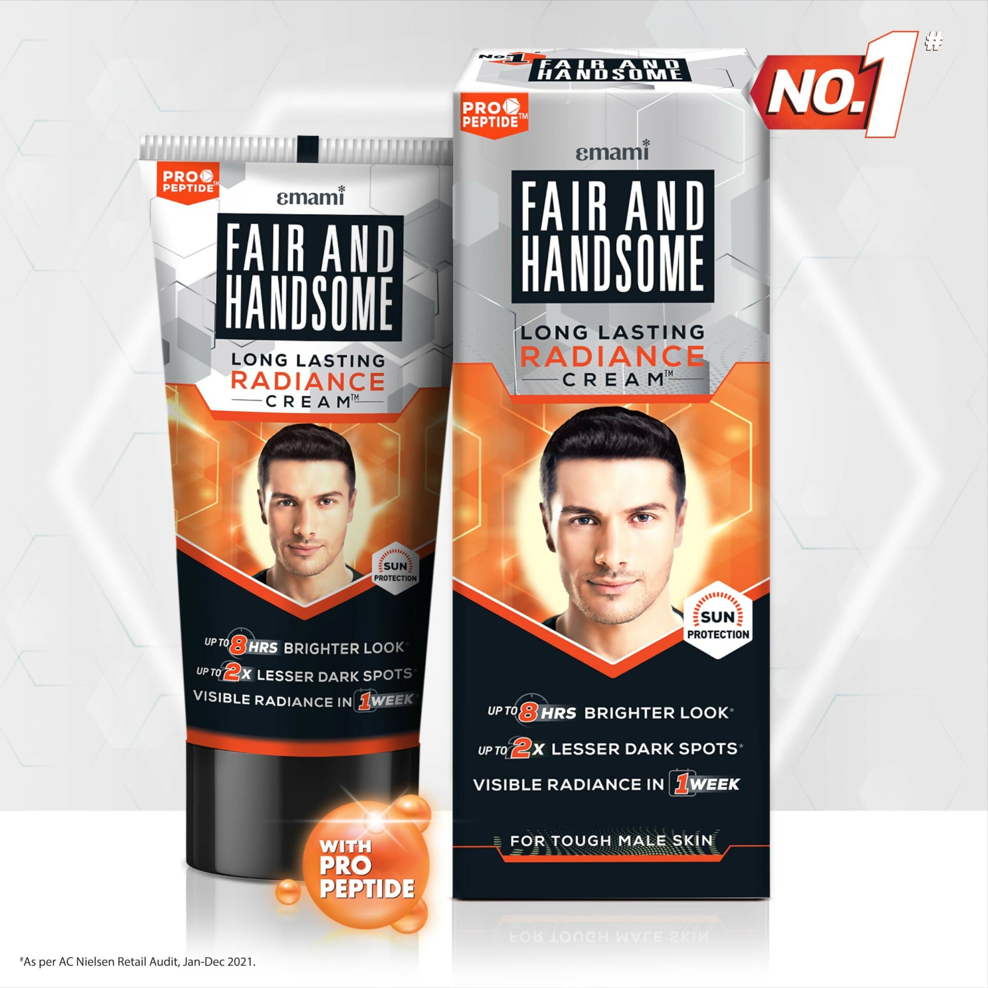 Emami Fair and Handsome Long Lasting Radiance Cream Pro-Peptide for face, featuring cream jar with product label and smooth texture.