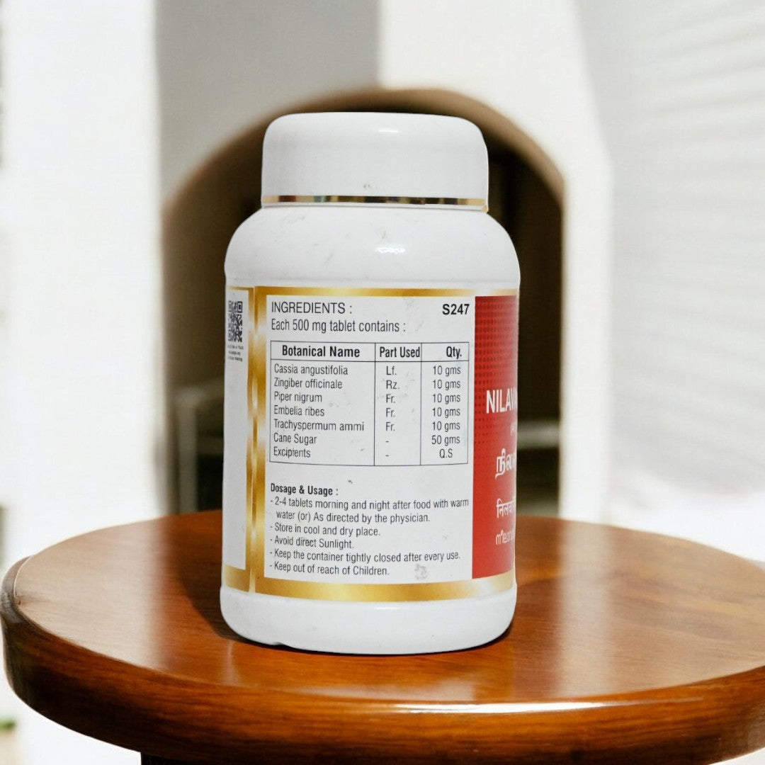 Impcops Nilavarai Chooranam Ayurvedic Churna in a glass bowl, showing fine herbal powder for traditional health remedy.