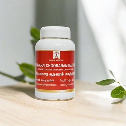 Impcops Nilavarai Chooranam Ayurvedic Churna in a glass bowl with herbal powder close-up shot