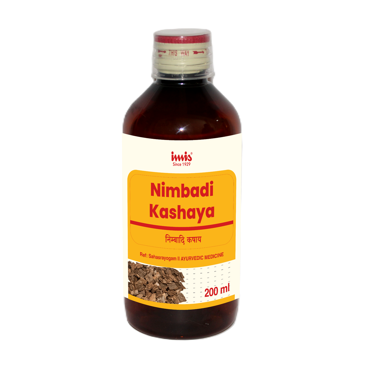 IMIS Ayurveda Nimbadi Kashaya Ayurvedic syrup in a 200 ml bottle with herbal packaging, traditional herbal health remedy.