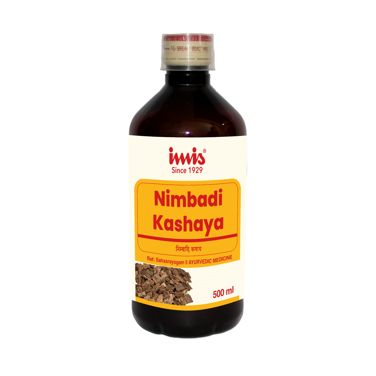 IMIS Ayurveda Nimbadi Kashaya Ayurvedic syrup in a 500ml bottle, with traditional herbal ingredients visible in the label.