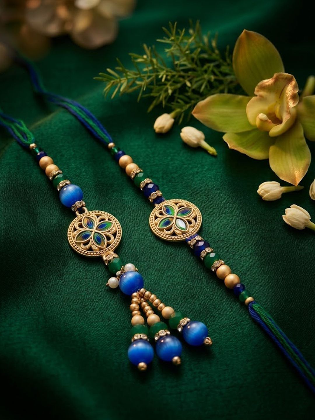 Anouk Set Of 2 Blue Artificial Beads Morpankh Style Bhaiya Bhabhi Rakhi With Roli Chawal