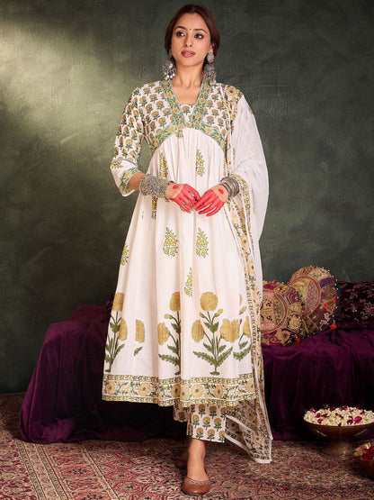 Indyancart IE Floral Printed Empire V-Neck Pure Cotton A-Line Kurta With Trousers And Dupatta