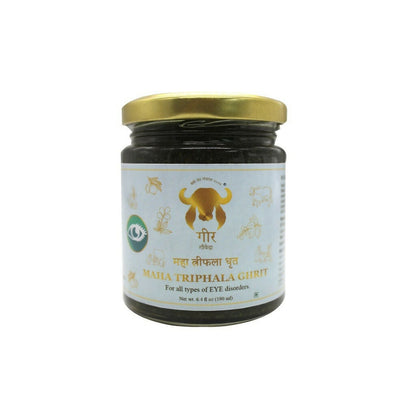 Gir Maha Triphala Ghrit Ghee by Gir Gauveda, pure organic ghee in a jar, highlighting its creamy texture and golden color.