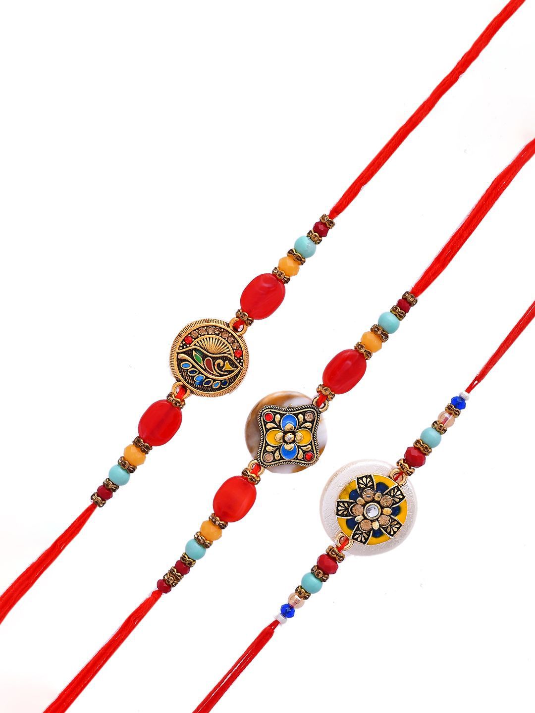 Anouk Set Of 3 Red Beaded Rakhi With Roli Rice & Greeting Card
