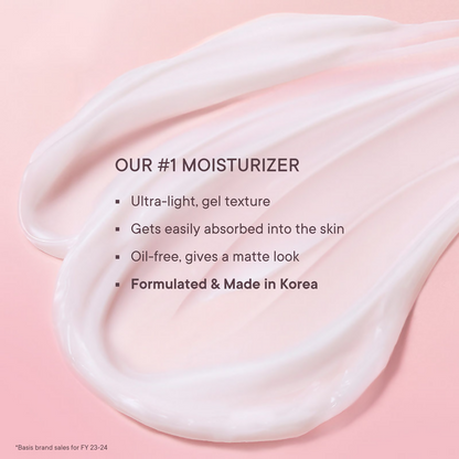 Quench Ultra Light Gel Moisturizer with cherry blossom scent and brightening Niacinamide for radiant skin, shown in a jar.