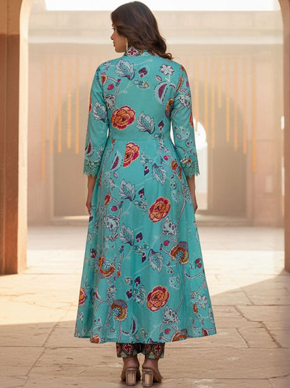 Floral Printed Tiered Mirror Work Pure Cotton Kurta With Trousers & Dupatta