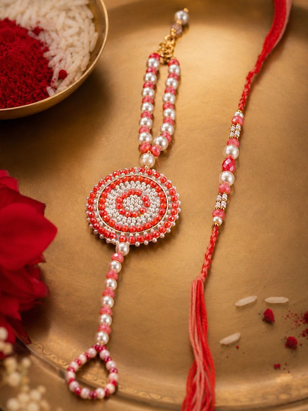 Anouk Set Of 2 Gold Toned Pearls & Beads Round Shape Bhaiya Bhabhi Rakhi With Roli Chawal