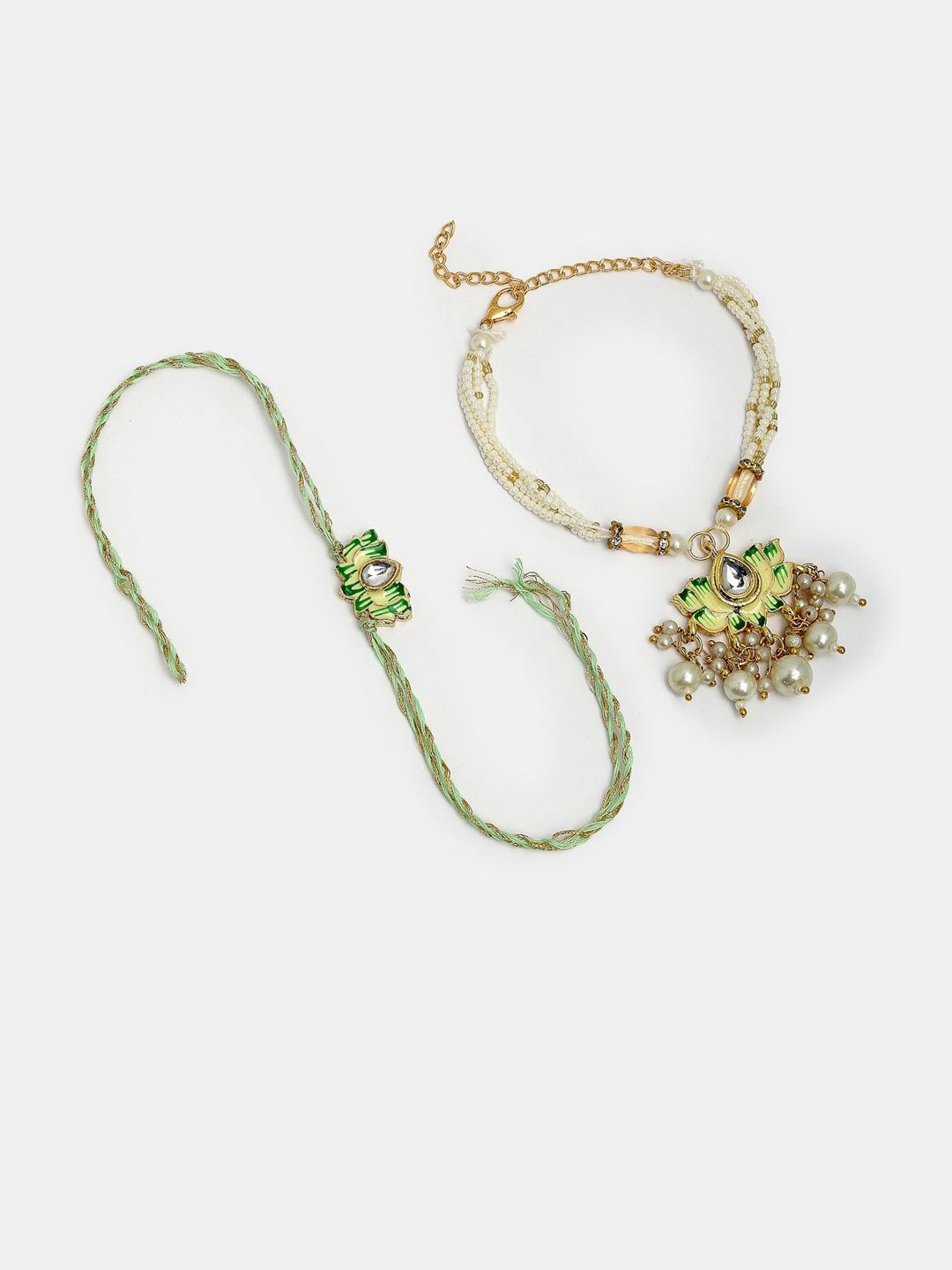 Anouk Unisex Set Of 2 Green Lotus Shape Kundan-Studded & Beaded Wraparound Rakhi Set