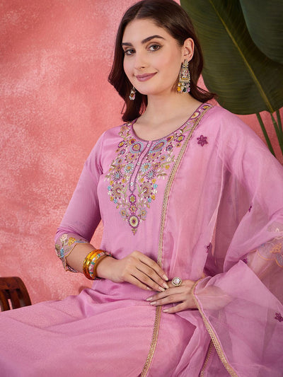 Indyancart SN Women's Floral Embroidered Round Neck Straight Kurta With Trousers & Dupatta