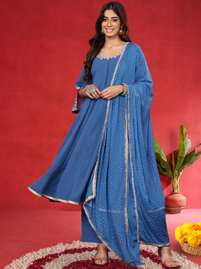 Indyancart VA Women Embroidered Sequinned Kurta with Palazzos & Dupatta