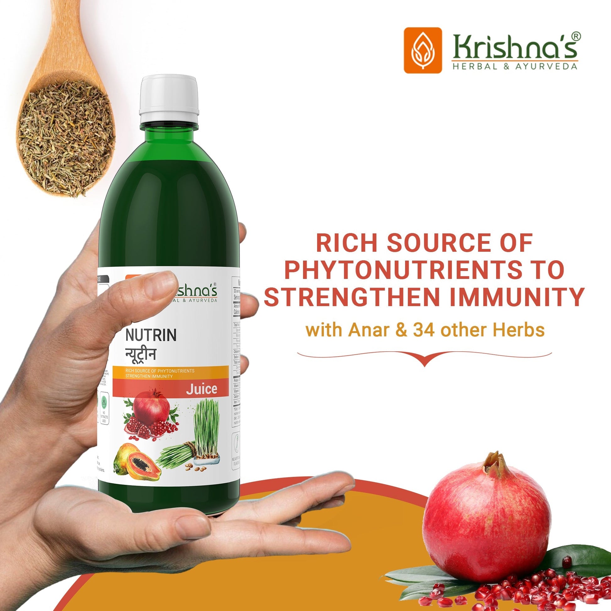 Bottle of Krishna's Herbal & Ayurveda Nutrin Juice, an Ayurvedic drink with herbal ingredients, shown in a clear glass with fresh herbs.