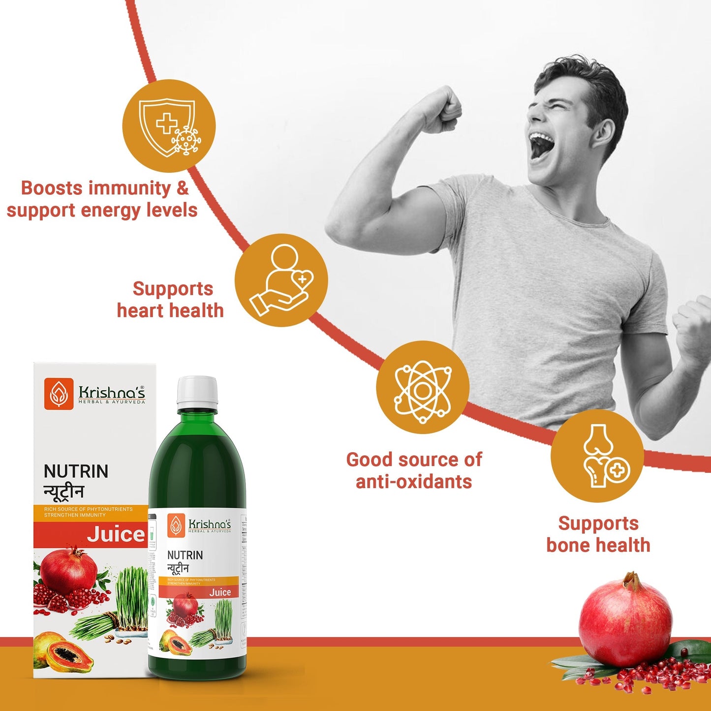 Bottle of Krishna's Herbal & Ayurveda Nutrin Juice, an Ayurvedic drink with natural herbal ingredients in a clear glass bottle.