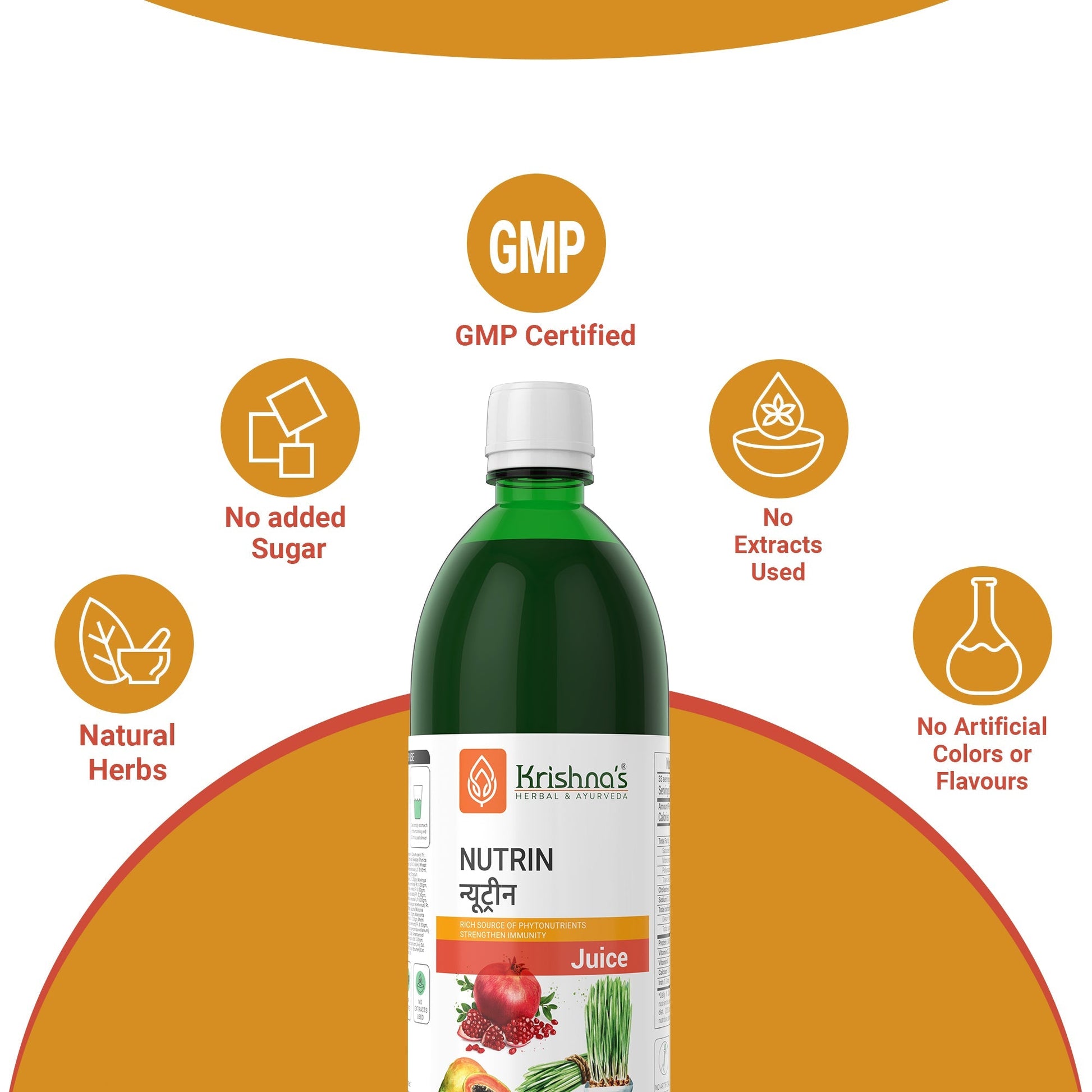 Bottle of Krishna's Herbal & Ayurveda Nutrin Juice, an Ayurvedic drink with natural herbal ingredients, shown in a clear glass bottle.